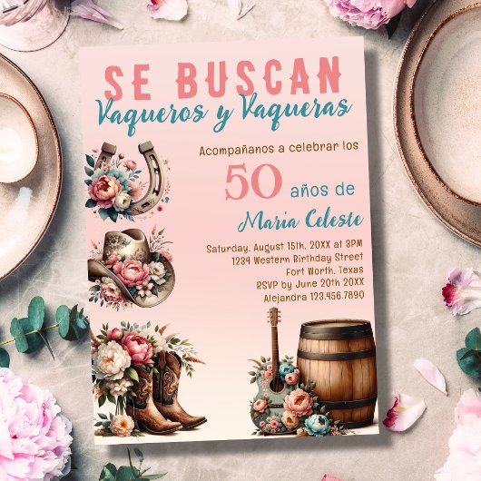 Roze Bloemen Spaans Western Cowboy 50ste verjaarda Kaart