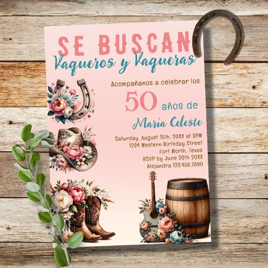 Roze Bloemen Spaans Western Cowboy 50ste verjaarda Kaart