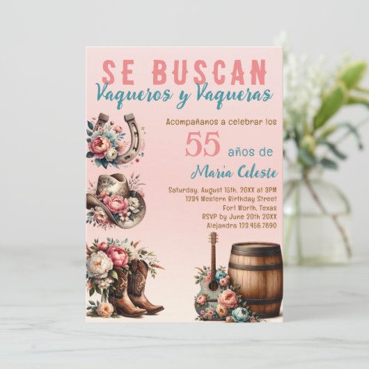 Roze Bloemen Spaans Western Cowboy 55ste Verjaarda Kaart (Staand voorkant)