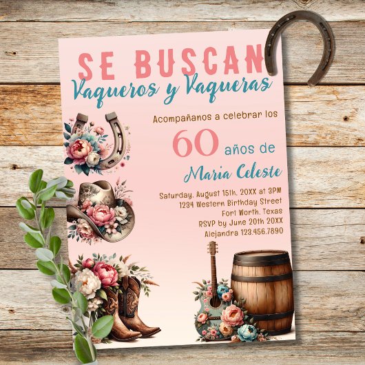 Roze Bloemen Spaans Western Cowboy 60ste verjaarda Kaart