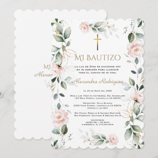Roze bloemen Spaanse Mi Bautizo Doop Kaart (Voorkant / Achterkant)