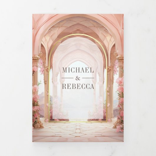 Roze Bloemen Sprookje Kasteel Alles in een bruilof Drieluik Uitnodiging (Cover)