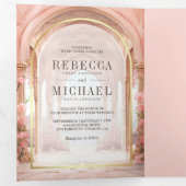 Roze Bloemen Sprookje Kasteel Alles in een bruilof Drieluik Uitnodiging (Binnenzijde eerst)