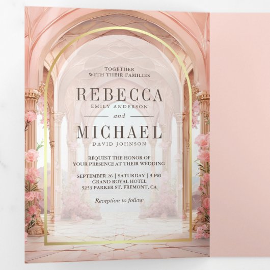 Roze Bloemen Sprookje Kasteel Alles in een bruilof Drieluik Uitnodiging (Binnenzijde eerst)