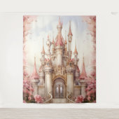 Roze Bloemen Sprookje Kasteel Wandkleed (Voorkant)