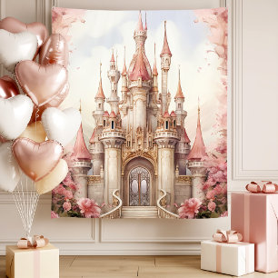 Roze bloemen sprookjeskasteel wandkleed