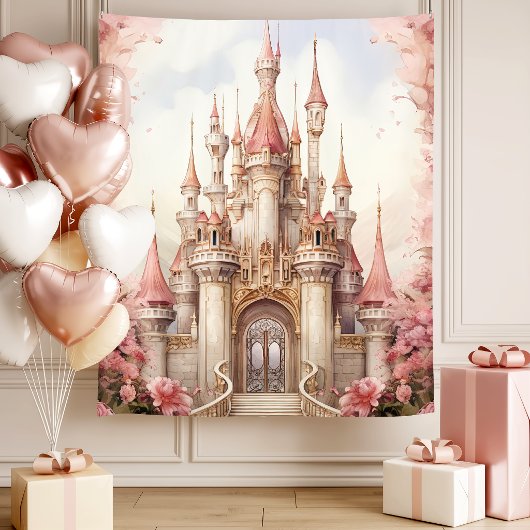 Roze bloemen sprookjeskasteel wandkleed