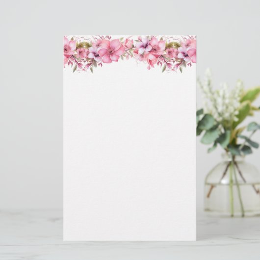 Roze Bloemen Stationery papier (Staand voorkant)