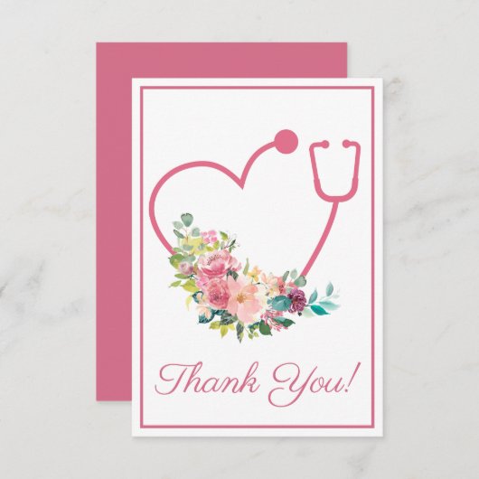 Roze Bloemen Stethoscoop Hart Verpleegster Dank u Bedankkaart (Voorkant / Achterkant)