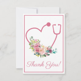 Roze Bloemen Stethoscoop Hart Verpleegster Dank u Bedankkaart