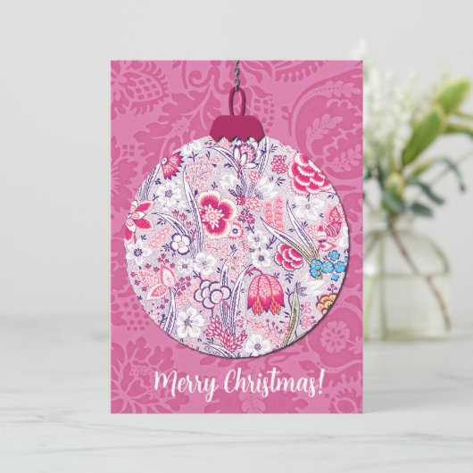 Roze Bloemen  Stijl Kerst Ornament Flat Feestdagenkaart (Staand voorkant)