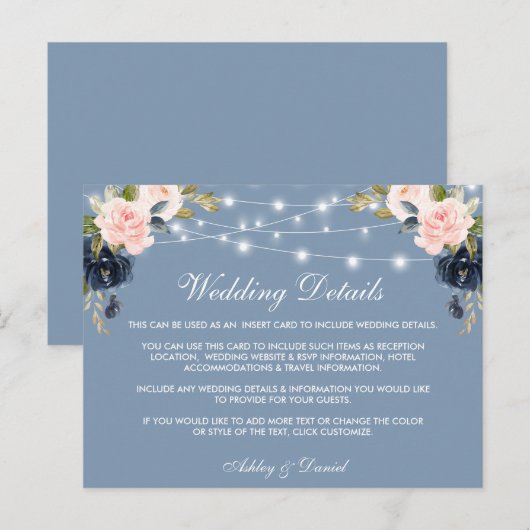Roze Bloemen Stoffige Blauwe Lichten Bruiloft Deta Briefkaart (Voorkant / Achterkant)