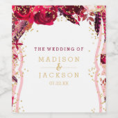 Roze Bloemen Strepen Goud Confetti Bruiloft Monogr Wijn Etiket (Enkel label)