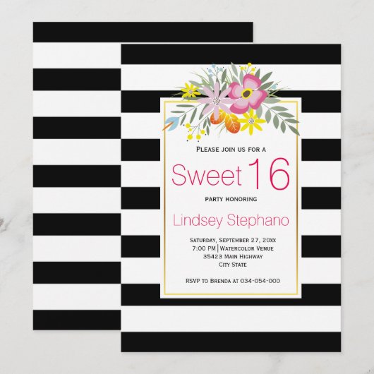 Roze bloemen, strepen, zestien jaar oud kaart (Voorkant / Achterkant)