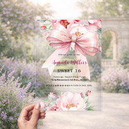 Roze bloemen strik doorzichtig Sweet 16 Acryl Uitnodigingen