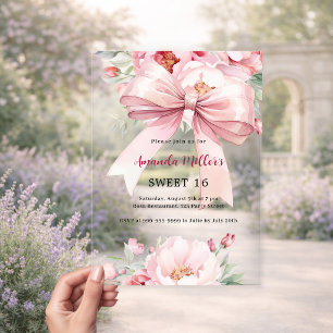 Roze bloemen strik doorzichtig Sweet 16 Acryl Uitnodigingen