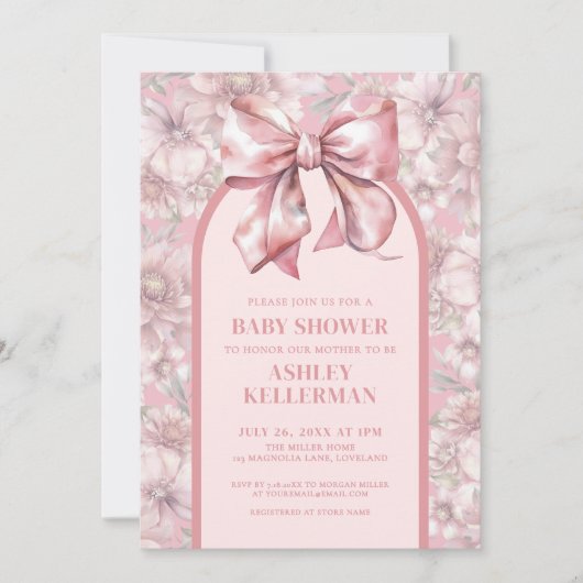 Roze bloemen strik meisje babyshower uitnodiging (Voorkant)