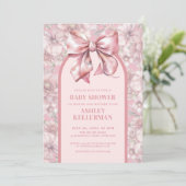 Roze bloemen strik meisje babyshower uitnodiging (Staand voorkant)