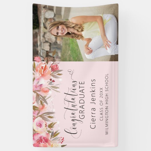 Roze Bloemen String Licht Afstuderen Banner (Verticaal)