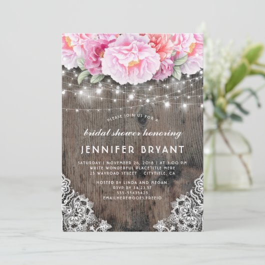 Roze Bloemen String Lichten Rustiek Vrijgezellenfe Kaart (Staand voorkant)