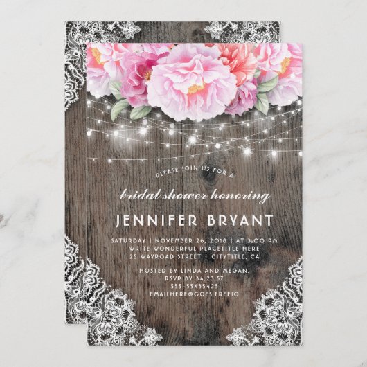 Roze Bloemen String Lichten Rustiek Vrijgezellenfe Kaart (Voorkant / Achterkant)