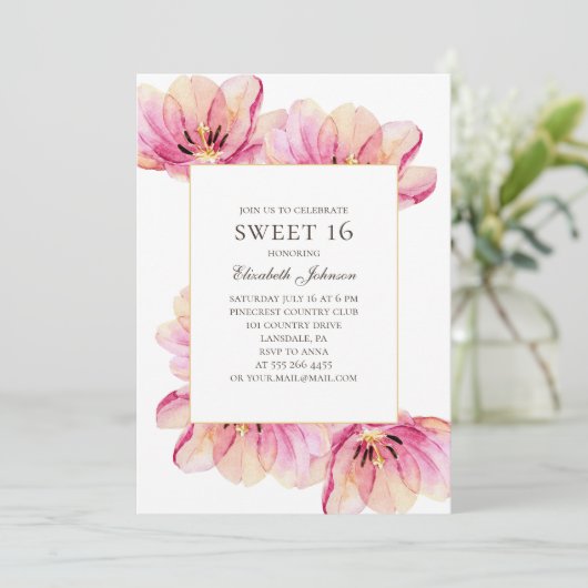 Roze bloemen Sweet 16. Lente bloemenfeest 16e verj Kaart (Staand voorkant)