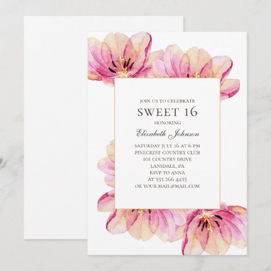 Roze bloemen Sweet 16. Lente bloemenfeest 16e verj Kaart (Voorkant / Achterkant)