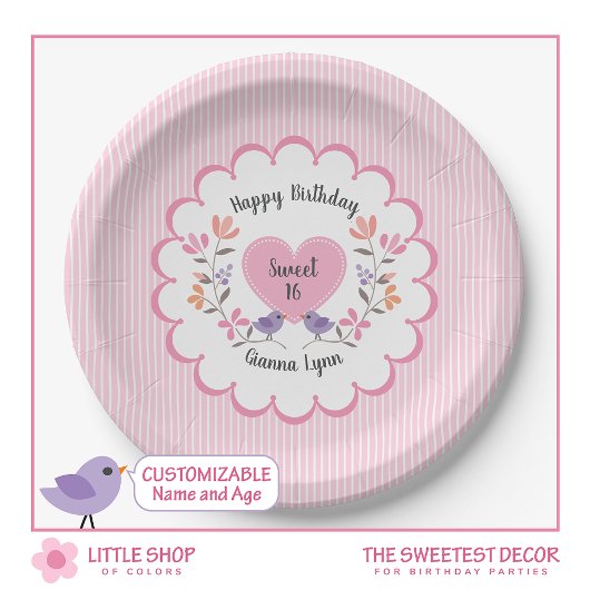 Roze Bloemen Sweet 16 Verjaardagsfeest Papieren Bordje