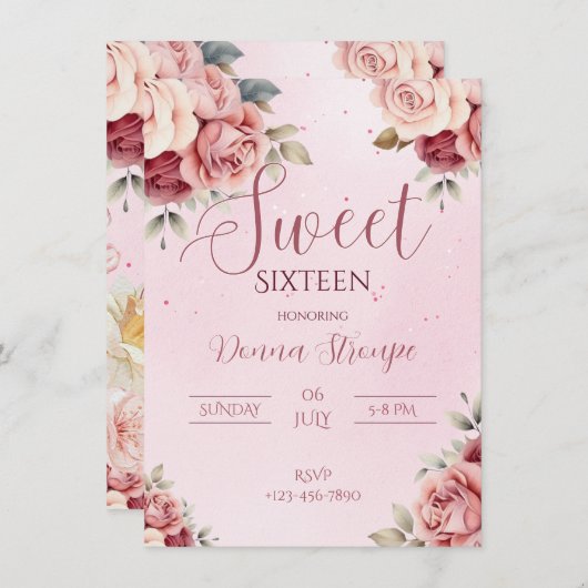 Roze Bloemen Sweet Sixteen Uitnodiging (Voorkant / Achterkant)