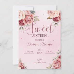 Roze Bloemen Sweet Sixteen Uitnodiging