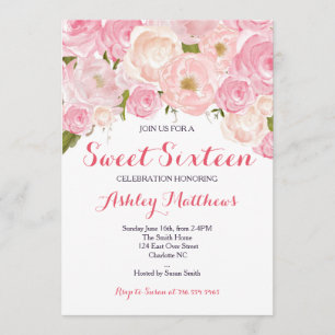 Roze Bloemen Sweet Sixteen Verjaardag Uitnodiging