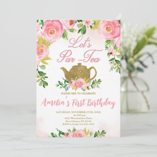 Roze Bloemen Tea Party 1e Verjaardag, Roze Par-Tea Kaart (Staand voorkant)