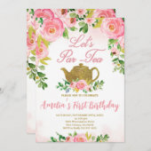 Roze Bloemen Tea Party 1e Verjaardag, Roze Par-Tea Kaart (Voorkant / Achterkant)