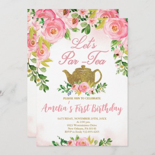 Roze Bloemen Tea Party 1e Verjaardag, Roze Par-Tea Kaart (Voorkant / Achterkant)