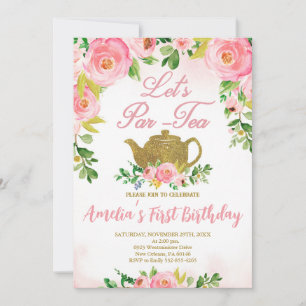 Roze Bloemen Tea Party 1e Verjaardag, Roze Par-Tea Kaart