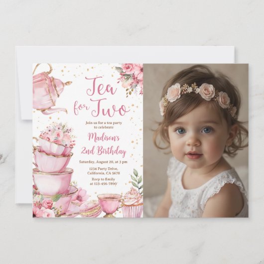 Roze Bloemen Tea Party 2e Verjaardag Foto Kaart (Voorkant)