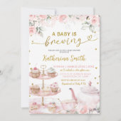 Roze Bloemen Tea Party Baby is Brouwen Uitnodiging (Voorkant)