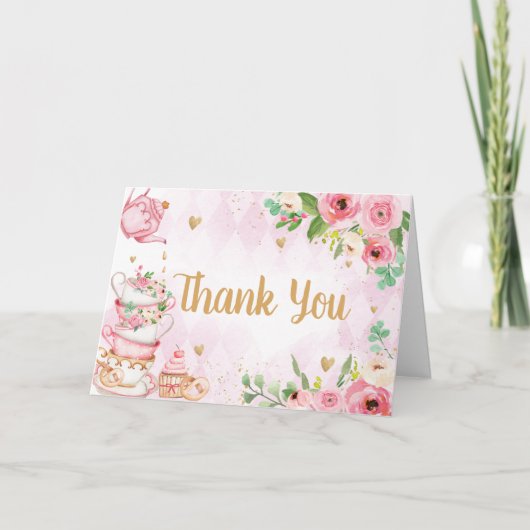 Roze Bloemen Tea Party Baby shower Bedankkaart (Voorkant)