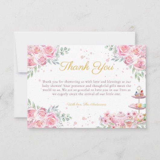 Roze Bloemen Tea Party Baby shower Bedankt (Voorkant)