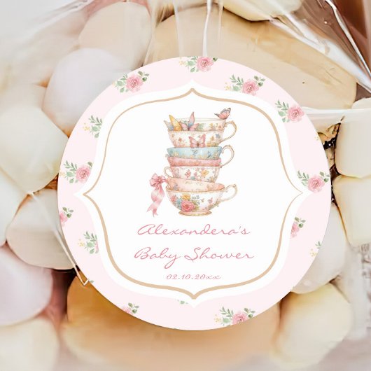 Roze Bloemen Tea Party Baby shower Ronde Sticker