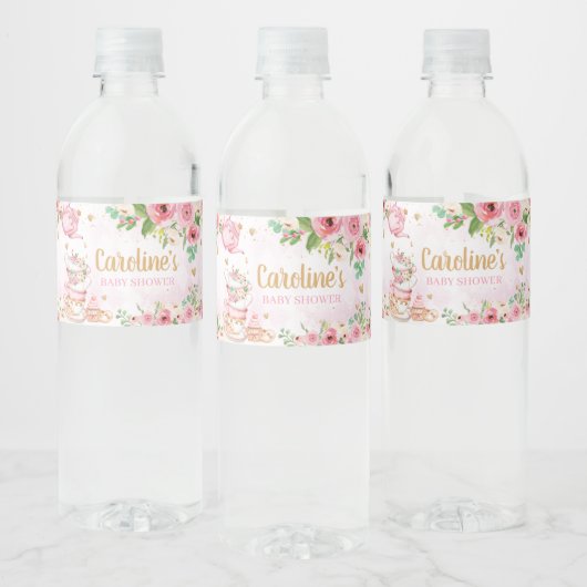 Roze Bloemen Tea Party Baby shower Waterfles Etiket (Flessen)