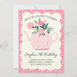 Roze Bloemen Tea Party Meisje Verjaardag Uitnodigi Kaart