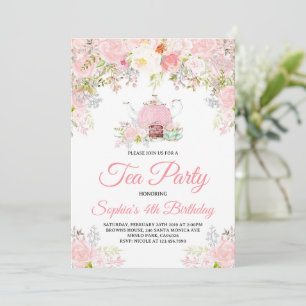 Roze Bloemen Tea Party Meisjes Verjaardag Kaart