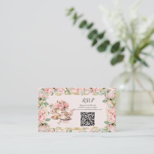 Roze Bloemen Tea Party RSVP Reactie QR Informatiekaartje (Staand voorkant)