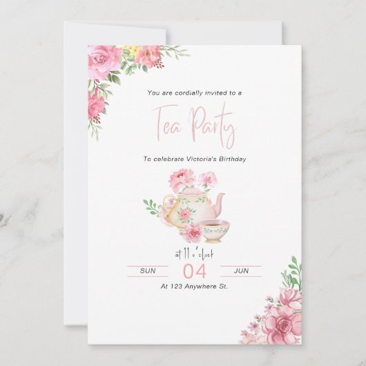 Roze Bloemen Tea Party Verjaardag Uitnodiging (Voorkant)