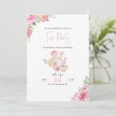Roze Bloemen Tea Party Verjaardag Uitnodiging (Staand voorkant)