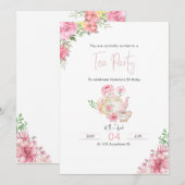 Roze Bloemen Tea Party Verjaardag Uitnodiging (Voorkant / Achterkant)