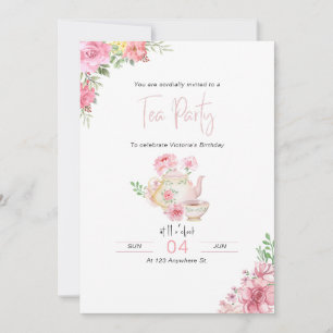 Roze Bloemen Tea Party Verjaardag Uitnodiging