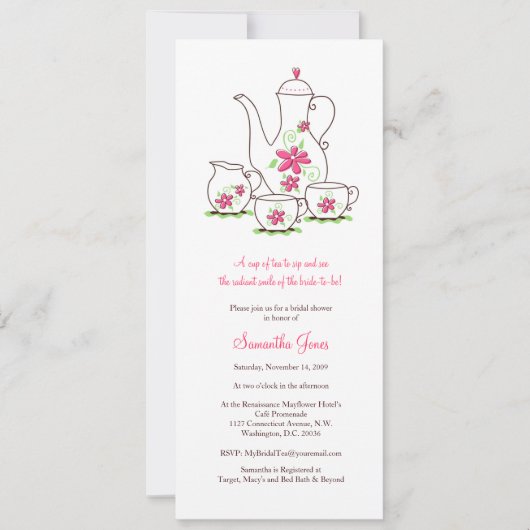 Roze bloemen Tea Set Bridal Shower Invitations Kaart (Voorkant)