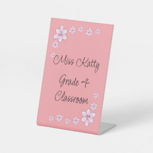 Roze Bloemen Teacher Desk Sign Reclamebord Met Voetstuk